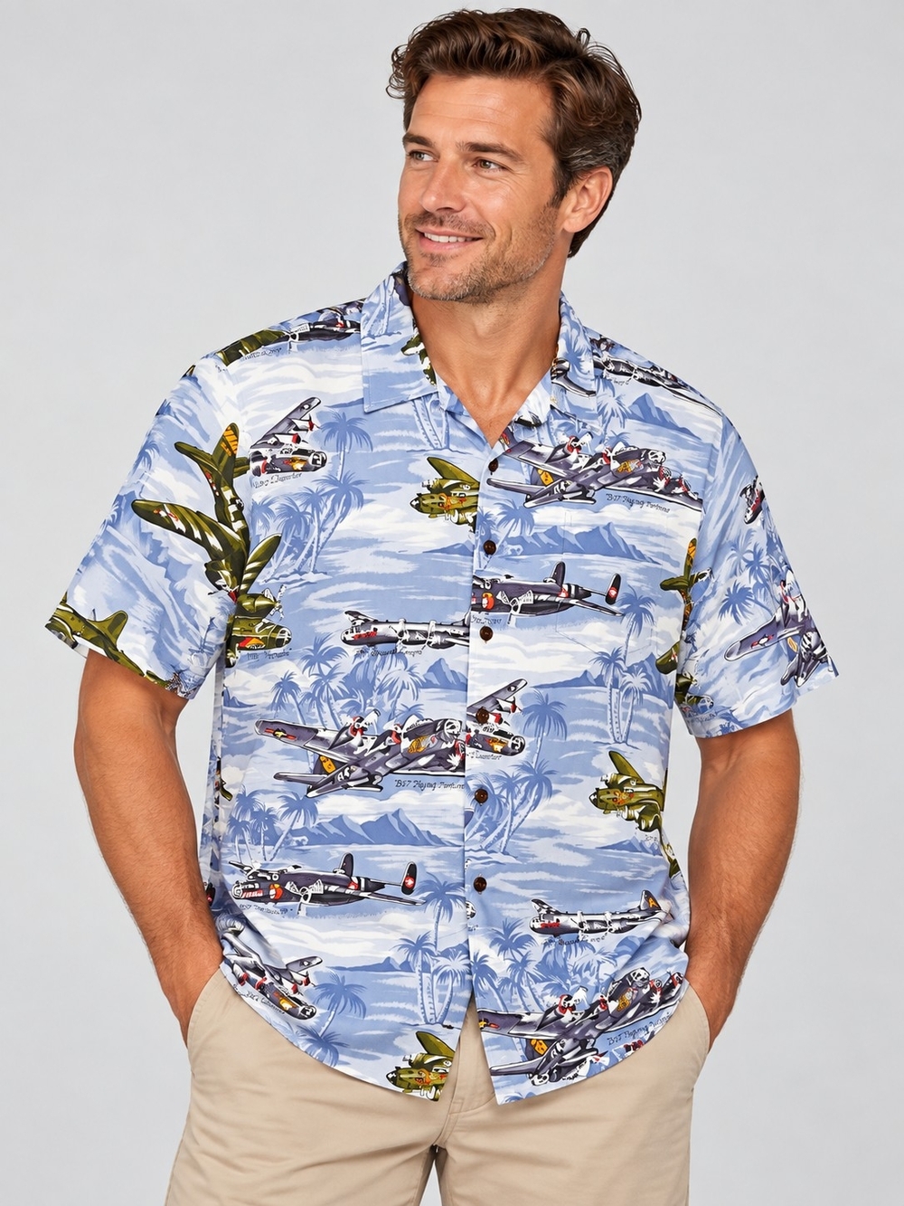Men's Light Blue Hawaiian Plane Print Short-Sleeve Button-Down Shirt